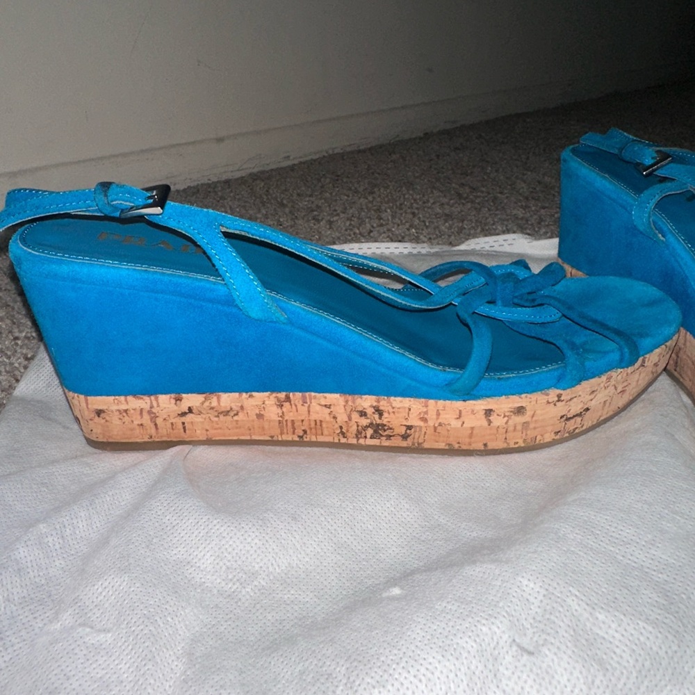 Prada Blue Suede Wedge Sandals - Picture 2 of 4